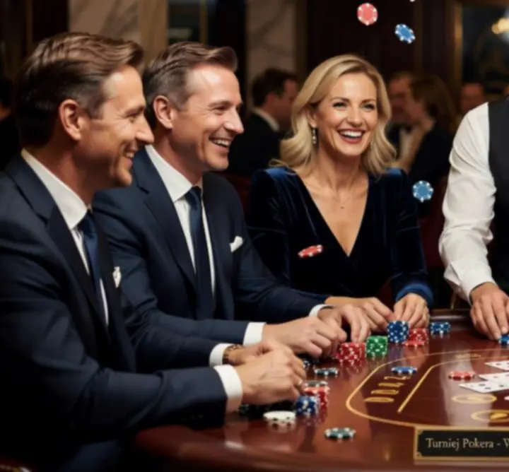 Goście przy profesjonalnym stole pokerowym biorący udział w wieczorze pokerowym